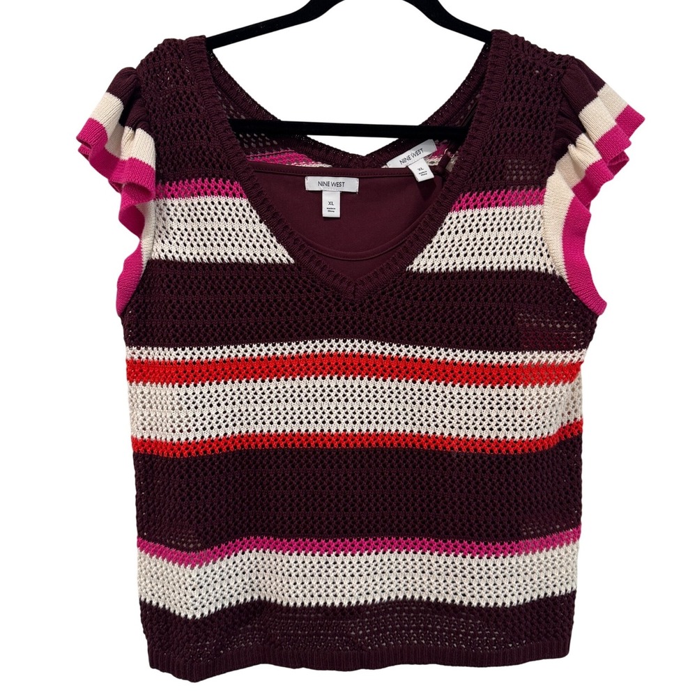 Nine West Womens XL Crochet Knit Striped Ruffle Cap Sleeve Top Burgundy‎ Pink